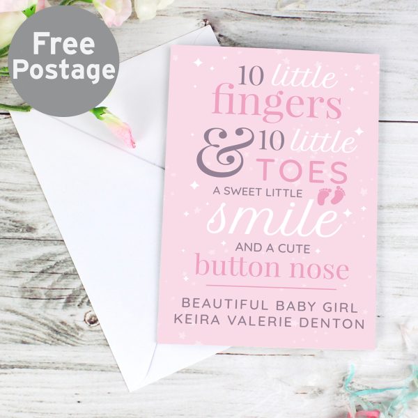 Personalised pink baby card with '10 little fingers' design