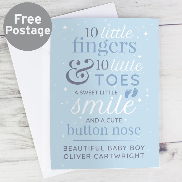 Personalised blue baby card with 10 Little Fingers poem and custom text