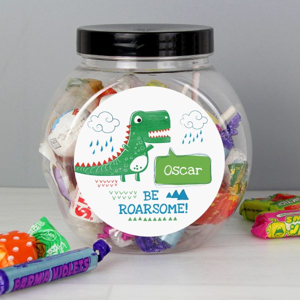 Personalised Be Roarsome dinosaur sweet jar with name label