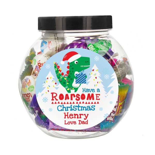 Personalised dinosaur sweet jar with 'Have A Roarsome Christmas' text