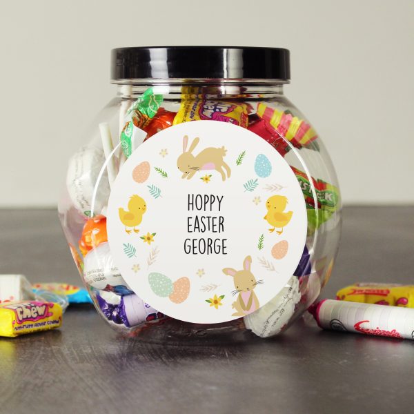 Personalised Easter sweets jar with black screw top and custom uppercase message