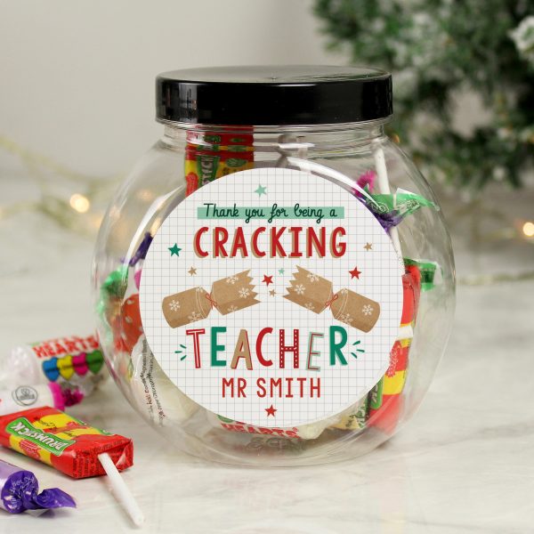 Personalised teacher sweet jar with black screw-top lid and printed thank-you message