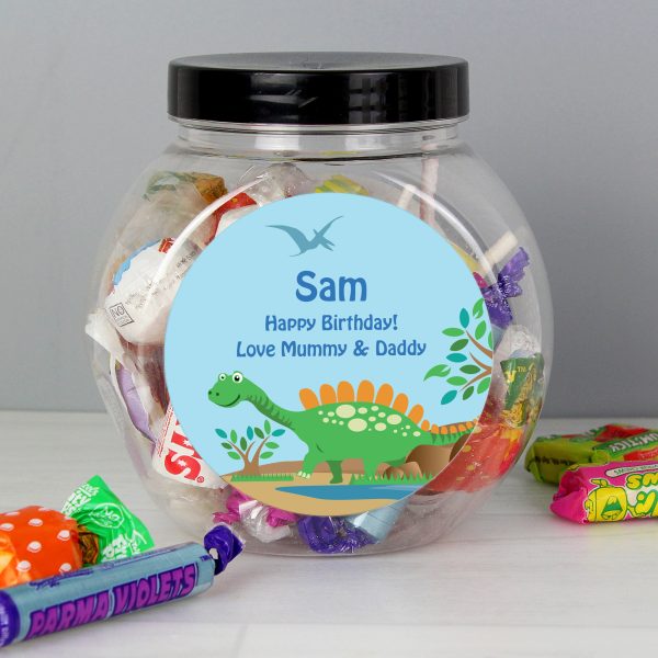 Personalised dinosaur sweets jar with a dinosaur design and sweets inside